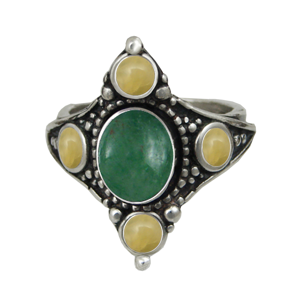 Sterling Silver Renaissance Queen's Ring With Jade And Yellow Aragonite Size 12 Sterling Silver Renaissance Queen's Ring With Jade And Yellow Aragonite Size 12